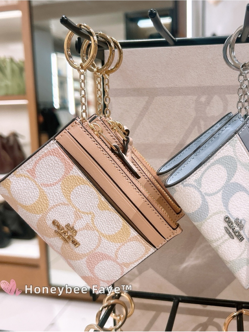 Coach skinny card case in Signature Canvas Card Case Keyring in Pink & Cream